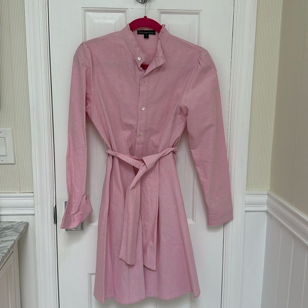 Kiel James Patrick KJP ruffle neck long sleeve Oxford shirt dress size small